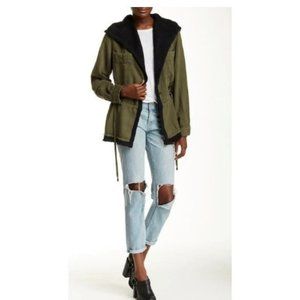 Free People Slouchy Jacket XSmall  Olive Green Fleece Interior Drawcord Waist